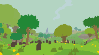 A still image screen capture from Proteus, displaying a low-poly representation of a memorial in a natural setting